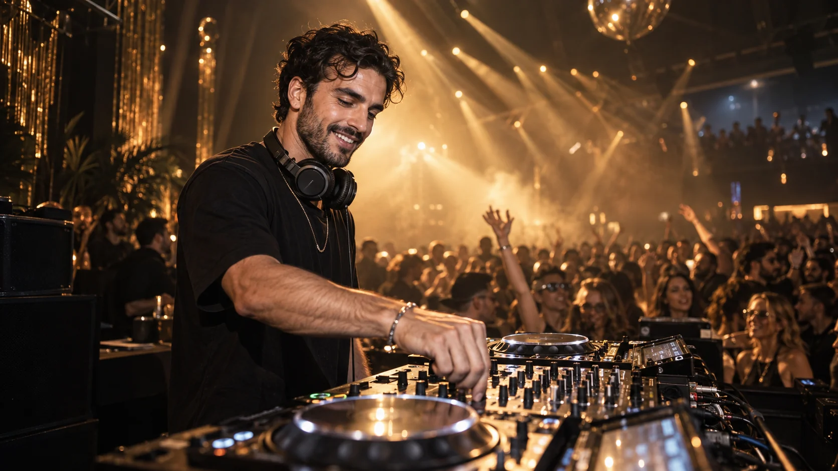 DJ am Mischpult vor einem tanzenden Publikum in warmem Bühnenlicht – KI-generiertes Motiv